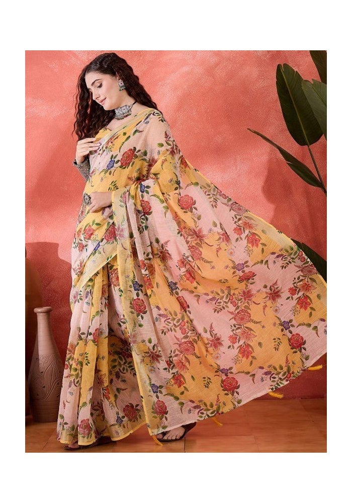 Malishka Export ساري قطن كتان أصفر مزخرف للنساء - Image 4